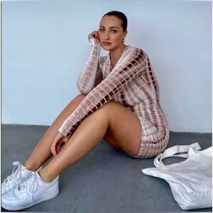 Princess Polly Long Sleeve Joani Tie Died Lettuce Hem Mini Dress Sable Brown